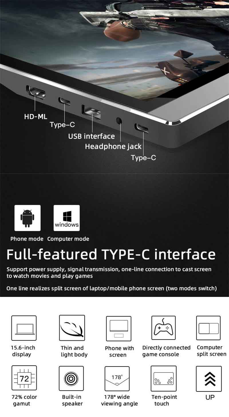 , Built-In Battery IPS Touchscreen 13.3&#8243; 15.6&#8243; Portable Monitor