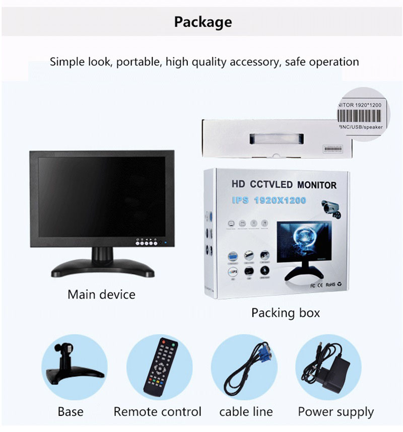 , Portable FHD 1920&#215;1200 AV RGB 10.1&#8243; LCD CCTV Monitor