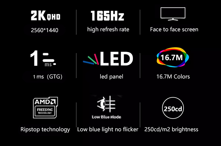 , 27 Monitor para juegos IPS 2K 165Hz de pulgada con barra de luz RGB con soporte ajustable