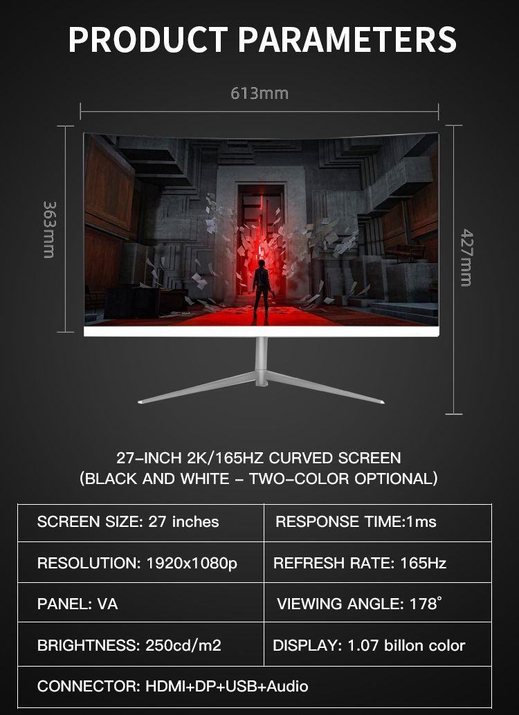 , 27 Inch Desktop Lcd Gaming Computer Monitor Curved Screen Oem FHD Display