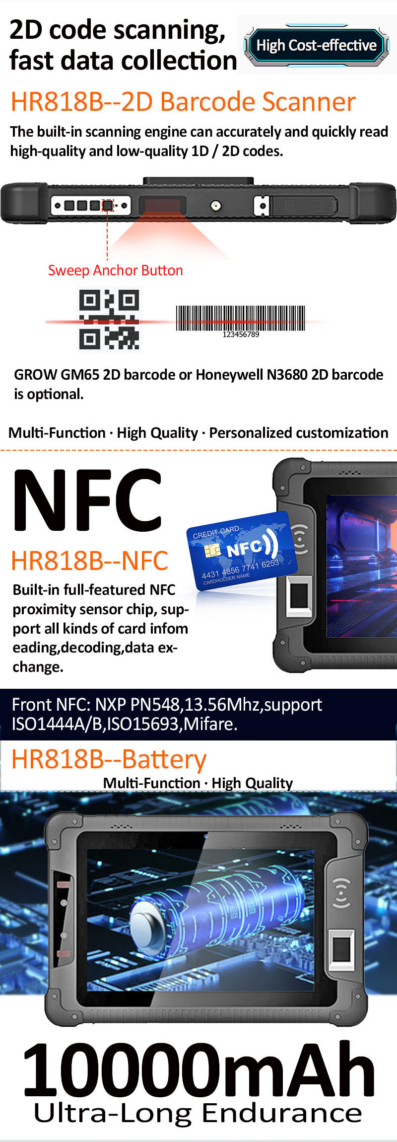 , 8 Tableta robusta Android de pulgadas con escáner de código de barras de huellas dactilares NFC