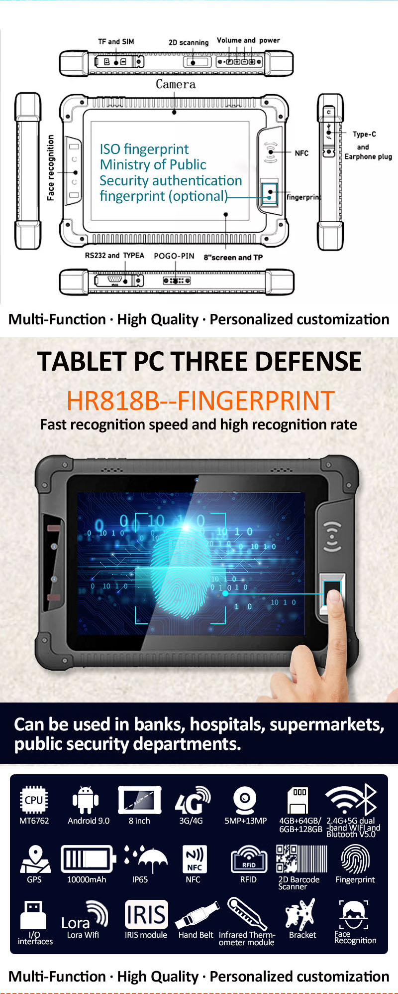 , 8 Защищенный планшет на базе Android с дюймовым экраном и сканером штрих-кода NFC отпечатков пальцев
